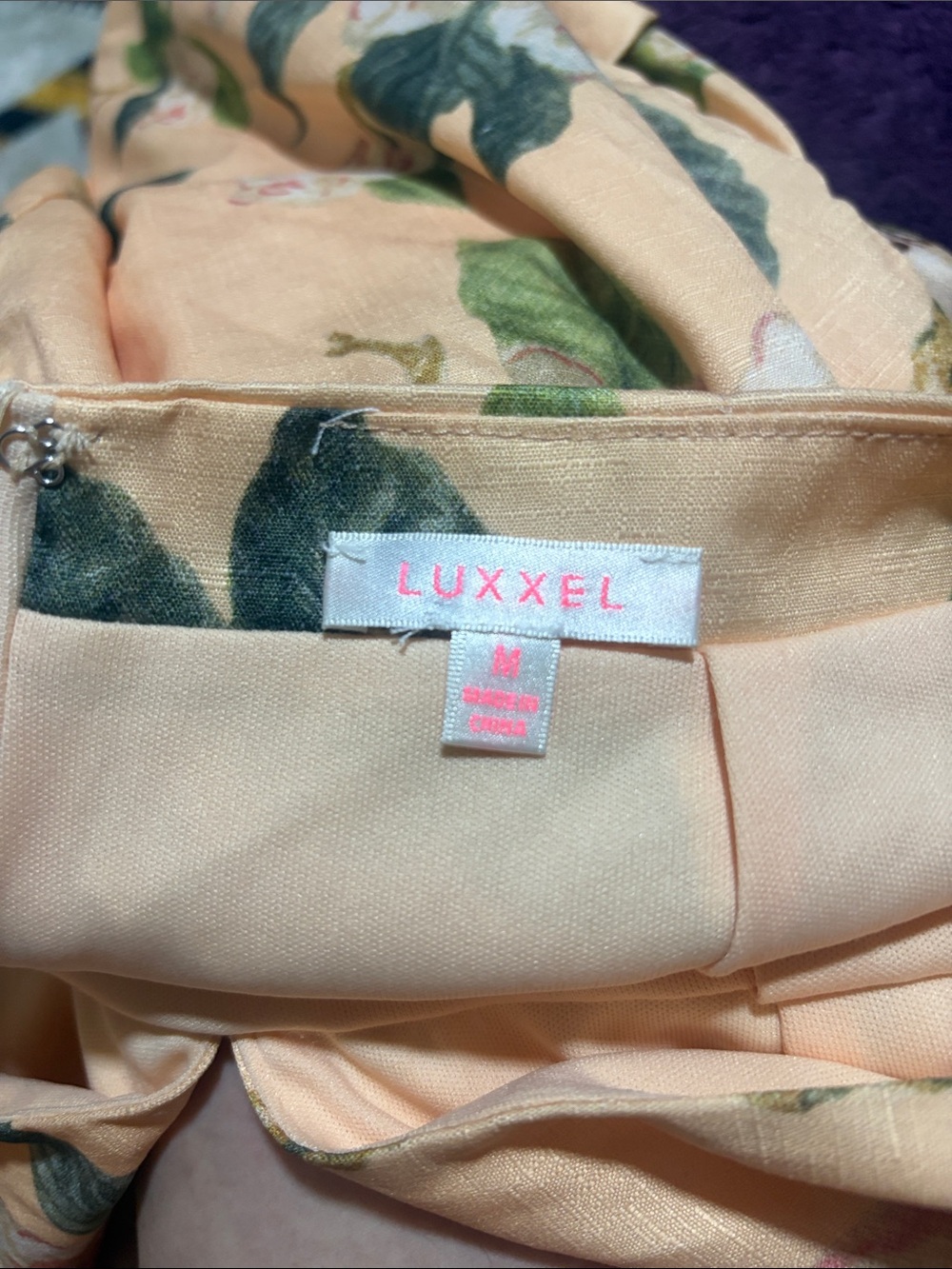 Luxxel Peach Dress with Green Floral Accents